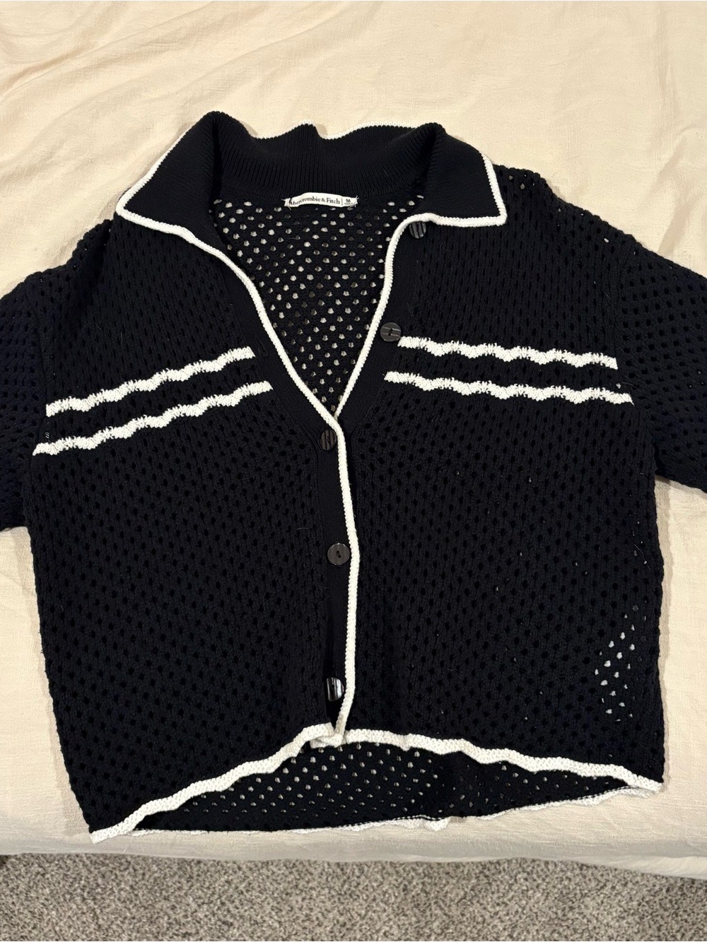Abercrombie & Fitch Black Open-Knit Cardigan with White Trim